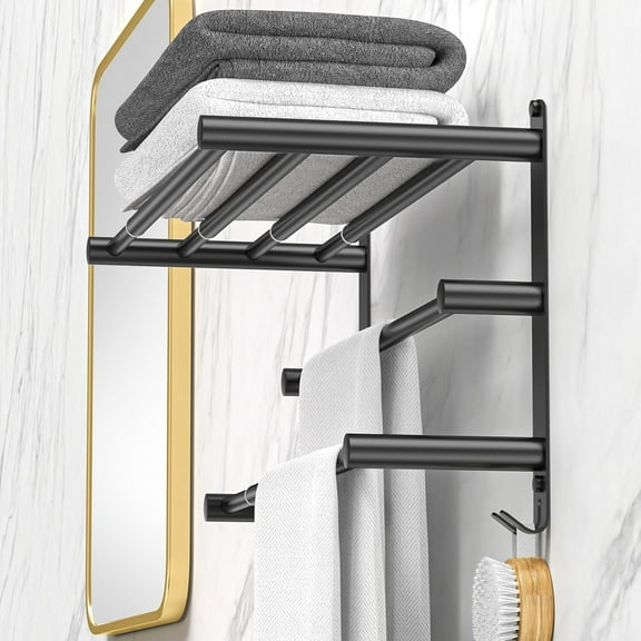 Black Adjustable Towel Bar for Bathroom Wall Mount17-30.7inch Adhesive Shower Towel Rack Stainless Steel Bath Towel Holders for Toilet Kitchen Double Towel Hanger (Black 3-Layer Towel Rack)
