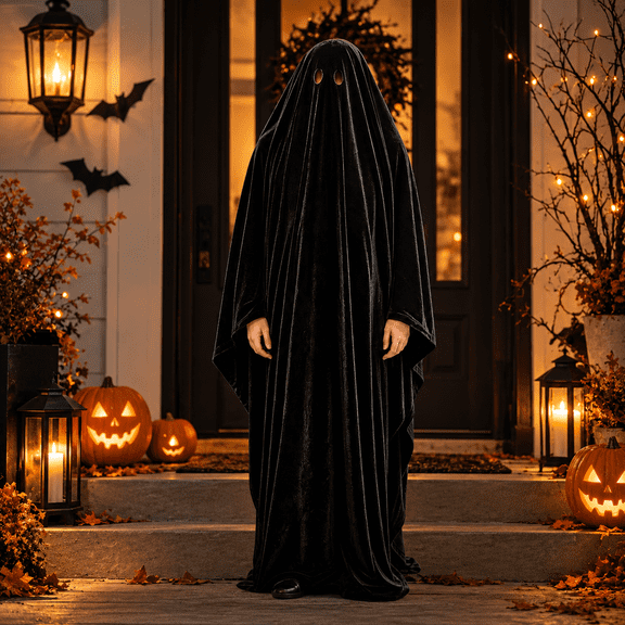 Black Adult Ghost Costume, Classic Ghost Sheet Costume with Eye Holes, Loose Lightweight Full Body Ghost Costume for Halloween Party Group Cosplay