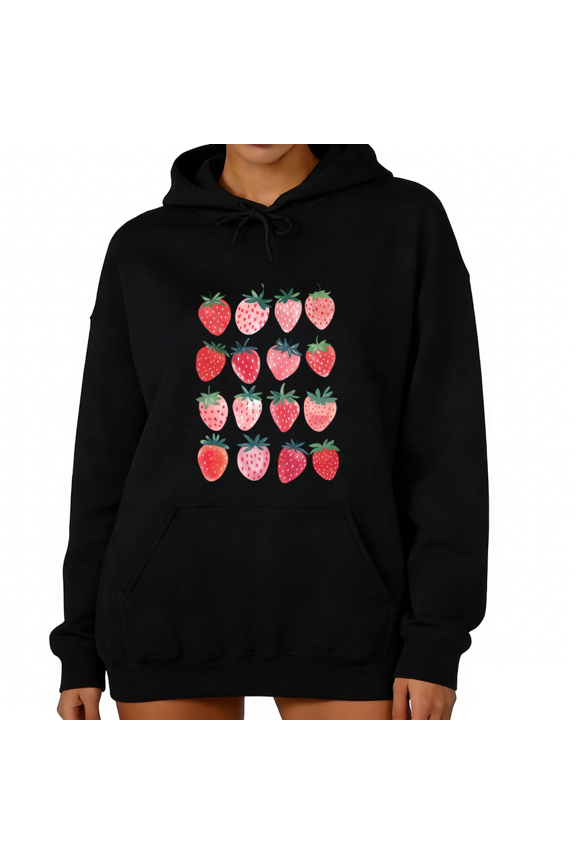 Black Aesthetic Strawberry Grid Print hoodie Sweatshirt Graphic Sweatshirt Tops S-2XL Tops
