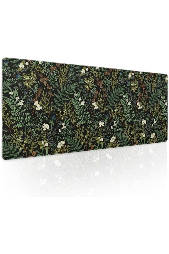 Black Aesthetic Vintage Botanical Gaming Mouse Pad XL Cute Forest Green Plant Nature Floral Extended Large Big Mousepad Non-Slip Stitched Edge Long Mat for Desk Office Computer,31.5×11.8 in