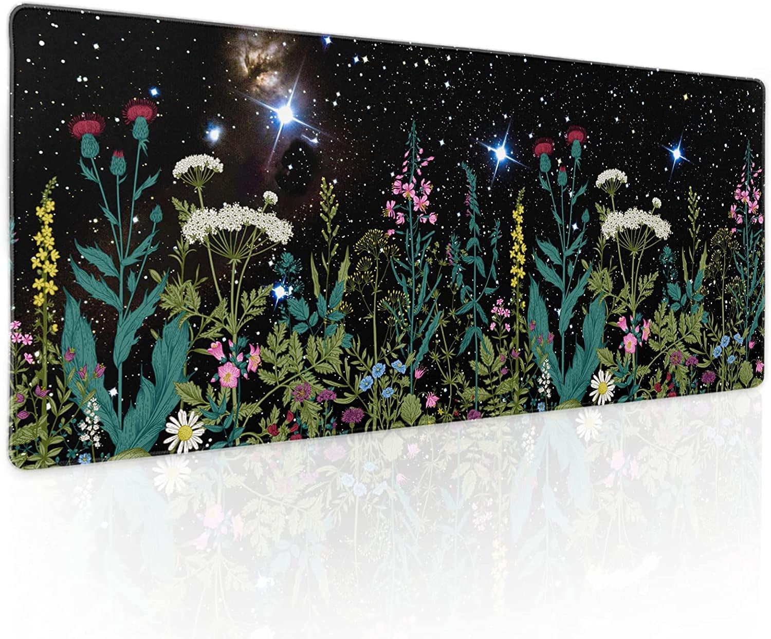 Black Aesthetic Wildflower Large Mouse Pad XL Space Galaxy Weeds Herb Cute Floral Extended Large Desk Mat Big Desk Pad 80X30 cm Non-Slip Rubber Base Stitched Edge Long Mousepad,31.511.8 Inch