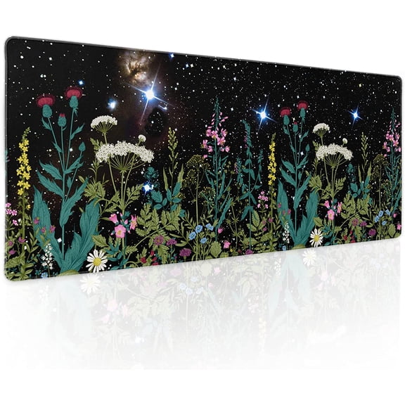 Black Aesthetic Wildflower Large Mouse Pad XL Space Galaxy Weeds Herb Floral Extended Large Desk Mat Big Desk Pad 80X30 CM Non-Slip Rubber Base Stitched Edge Long Mousepad,31.5×11.8 Inch