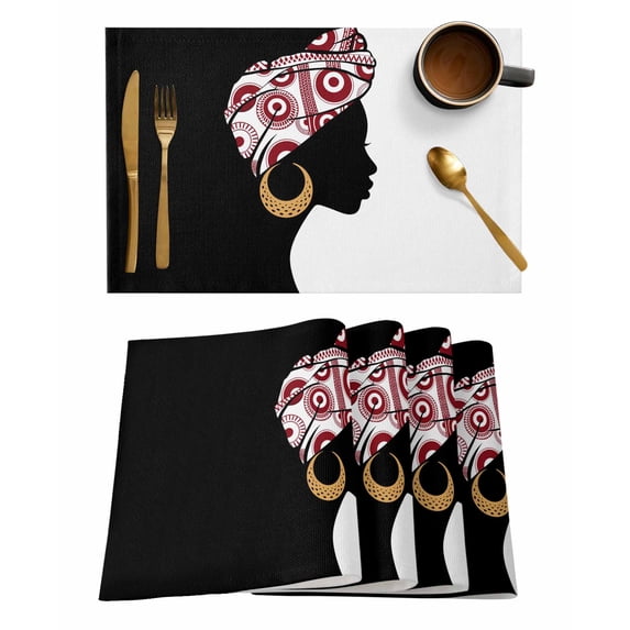 Black Africa Women Placemats Set of 4 Ankara Hijab Scarf Earrings Heat Insulation Washable Place Mats, Rustic Non-Slip Table Mats for Dining Table Party Kitchen Decor,13x19 Inch
