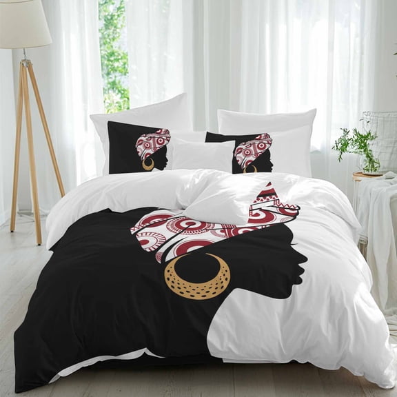 Black Africa Women Queen Size Comforter Set, Ankara Hijab Scarf Earrings Bedding for All Seasons, 4 Pcs Bed Set, 1Quiltcover (90"x92") ,1Sheet(94"x116"), 2Pillowcases (30"x20")