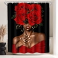 thumbnail image 1 of Black African American Woman Shower Curtain Red Rose Flower Hair Afro Art Fabric Bathroom Curtains with Hooks 71x71 inches, 1 of 6
