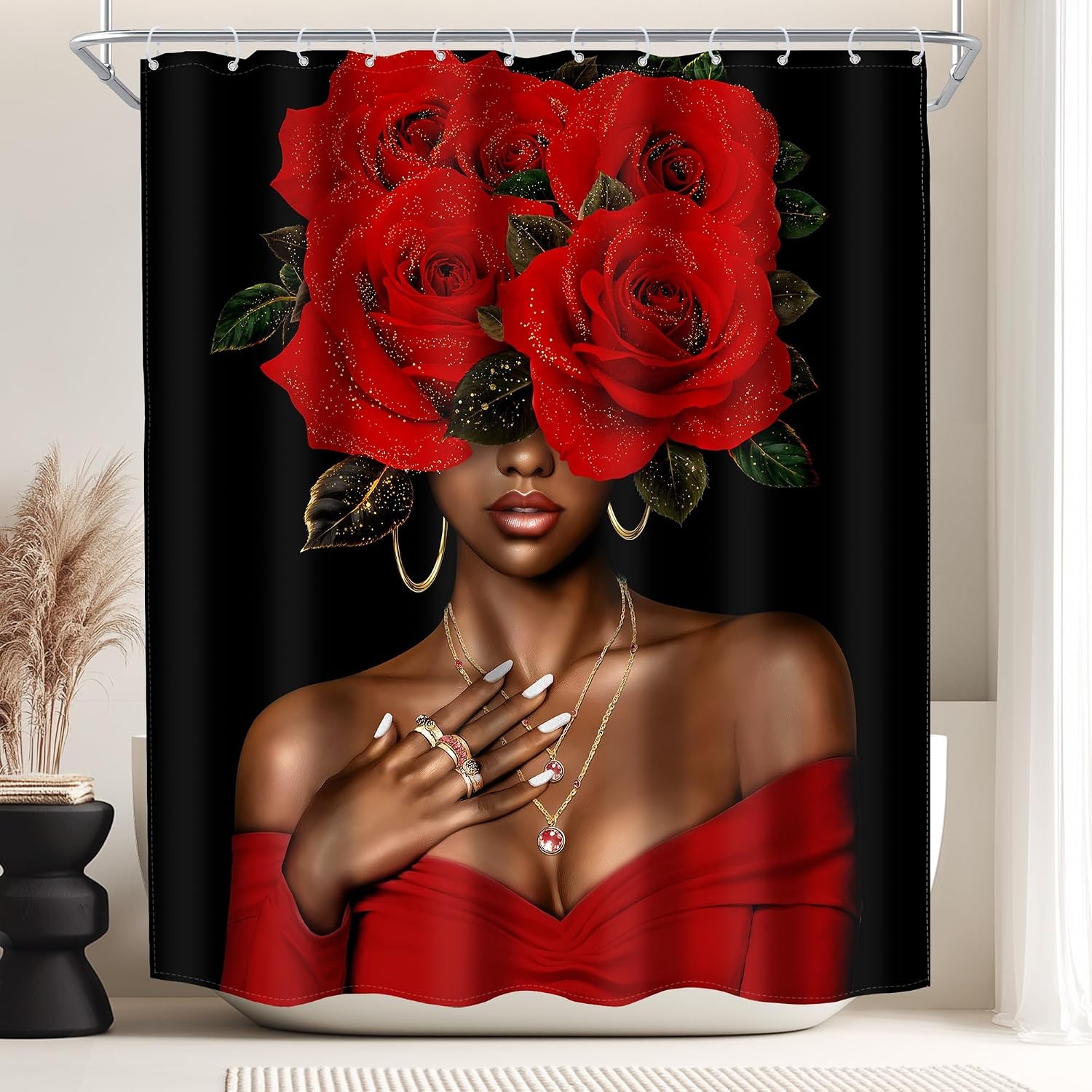Black African American Woman Shower Curtain Red Rose Flower Hair Afro Art Fabric Bathroom Curtains with Hooks 71x71 inches