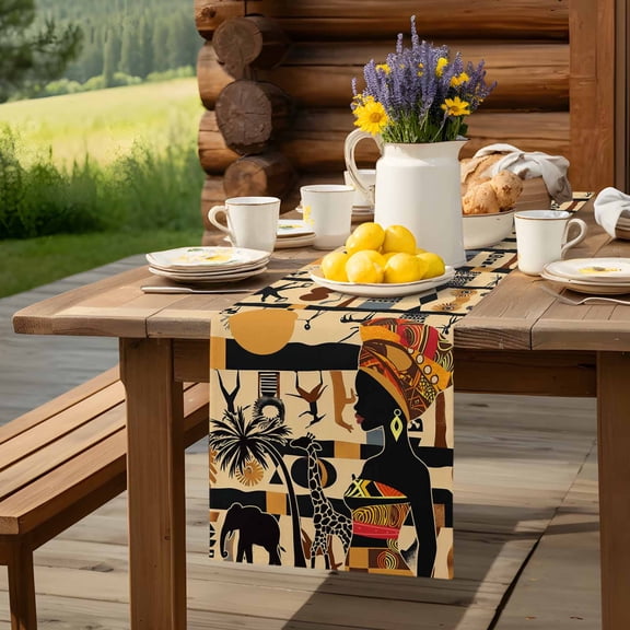 Black African Female Table Runner 60 Inch Long Ethnic Wind Elephant Giraffe Table Runners Linen Burlap Tablerunner for Kitchen Dining Room Holiday Party