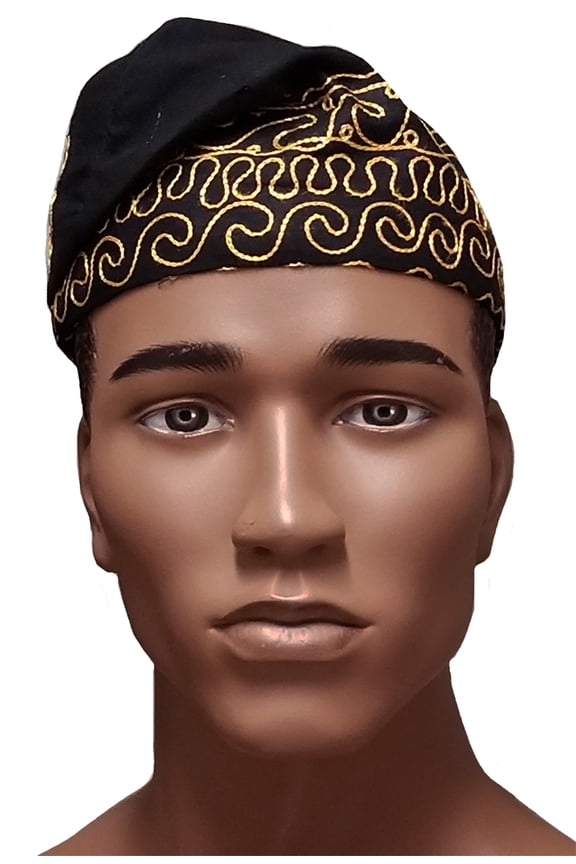 Black African Kufi Hat with Gold Embroidery