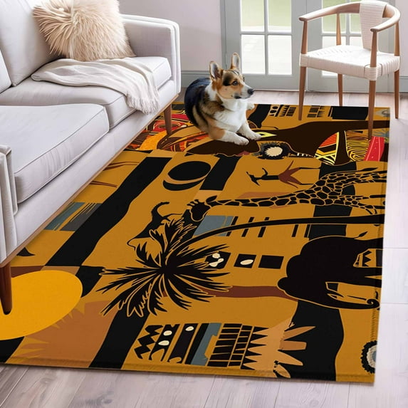 Black African Women Area Rug 4x6 Washable Rug Non Slip Boho Brown Elephant Giraffe Ethnic Large Area Rug Indoor Floor Carpet for Entryway Bedroom Kitchen Living Room Home Office Dining Room Nursery