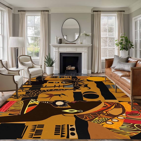 Black African Women Area Rug 6x9 FT, Non Slip Living Room Throw Carpet, Boho Brown Elephant Giraffe Ethnic Washable Soft Large Floor Carpet Non-Shedding Rug for Bedroom Dining Room Play Room