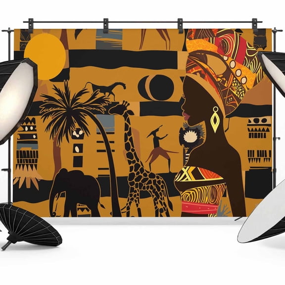 Black African Women Backdrop for Photography,Fabric Photo Background Backdrop,Boho Brown Elephant Giraffe Ethnic Photo Booth Background for Portrait Photoshoot Video Wedding Decoration Banner 7x5ft