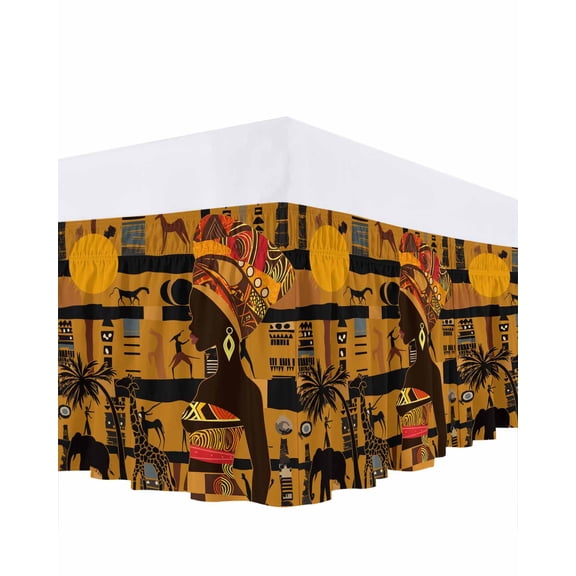 Black African Women Bed Skirt Queen Size, Boho Brown Elephant Giraffe Ethnic Wrap Around Bed Skirting with Adjustable Elastic Strap, Dust Ruffle Pleated Bedskirts 16 Inch Drop for Bedroom Queen Beds