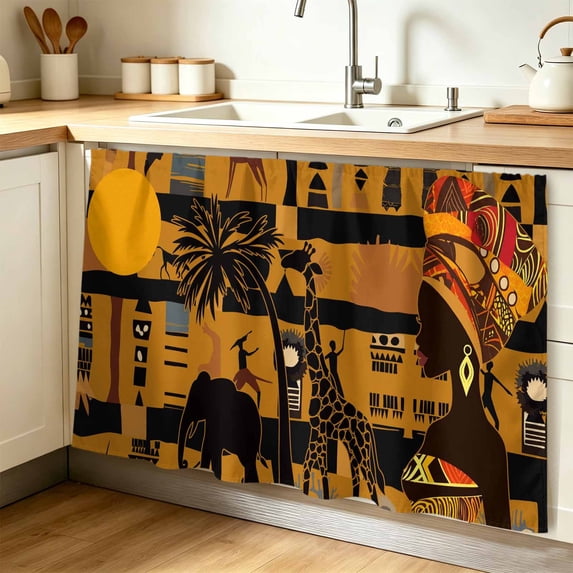 Black African Women Cabinet Curtain 32"Wx55"L,Dustproof Pantry Door Curtain W/ Self Adhesive Tape,Boho Brown Elephant Giraffe Ethnic Tall Storage Cover Privacy Drape for Bathroom Kitchen Laundry Room