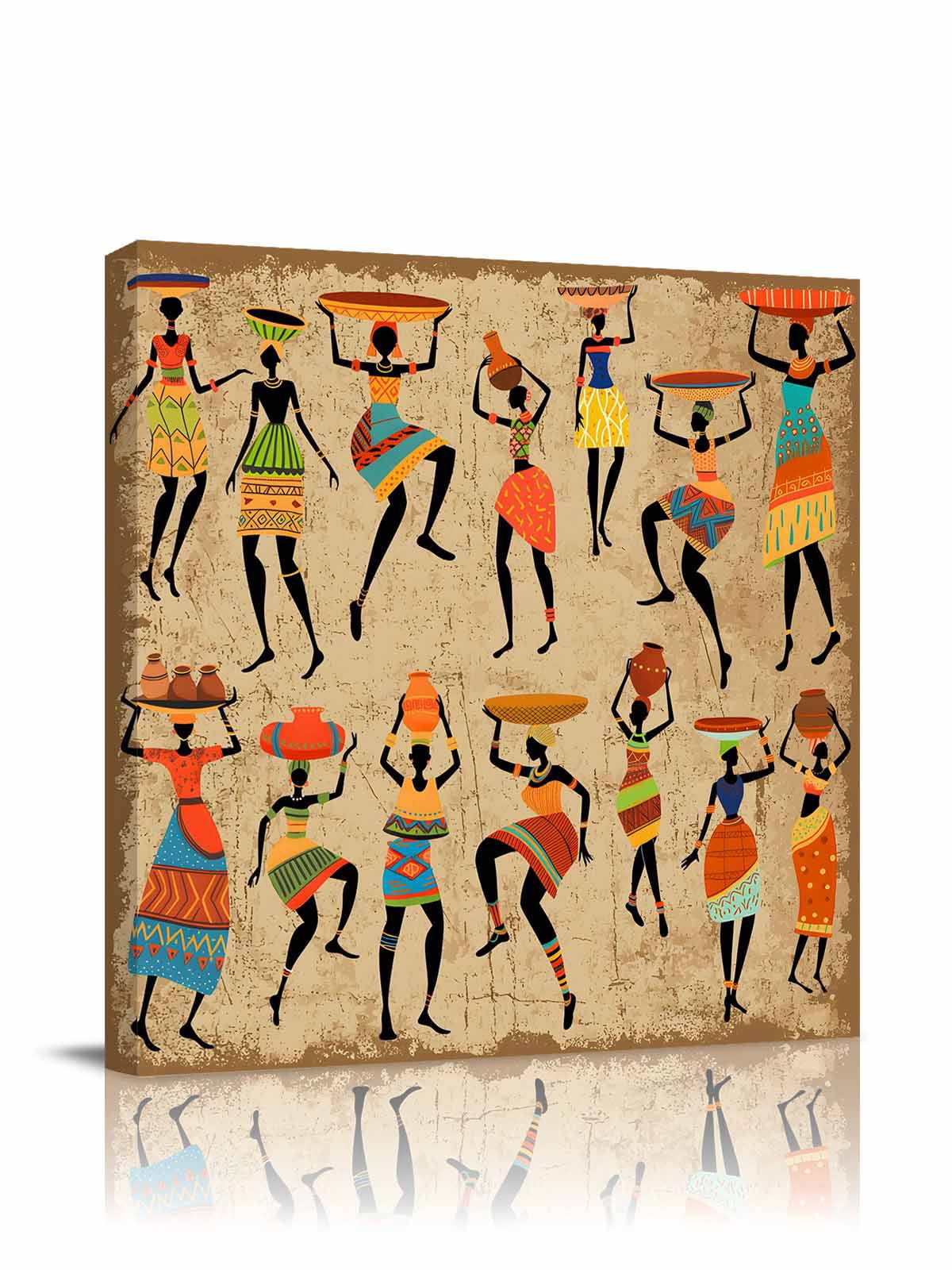 Black African Women Canvas Wall Art, Vintage Abstract Ethnic Style Bohemian Linen Texture Framed Wall Decor Modern Artwork Prints Painting for Living Room, Bedroom, Kitchen & Cafe Decor 16x16 Inch