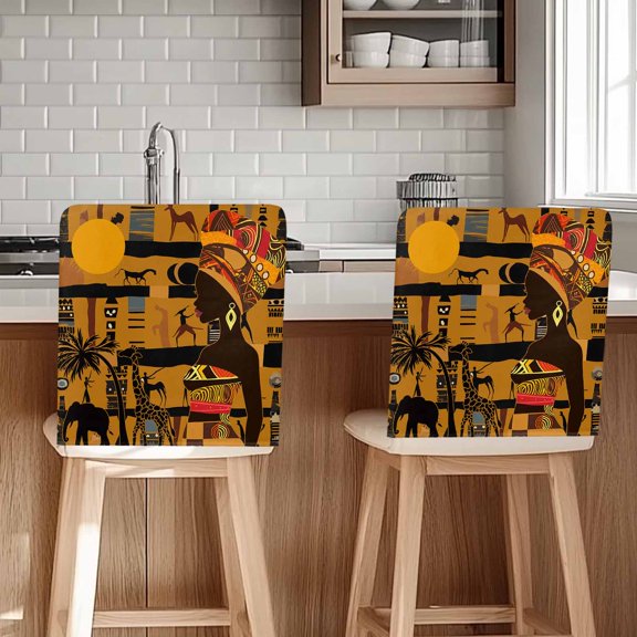 Black African Women Chair Back Cover for Dining Room Set of 4,Boho Brown Elephant Giraffe Ethnic Removable Kitchen Chair Slipcovers,Washable Seat Protector for Restaurant Party Banquet Wedding Décor