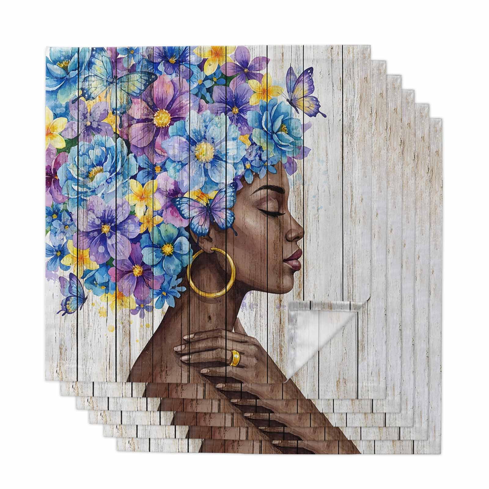 Black African Women Cloth Napkins, Spring Floral Butterfly Retro Wooden ...