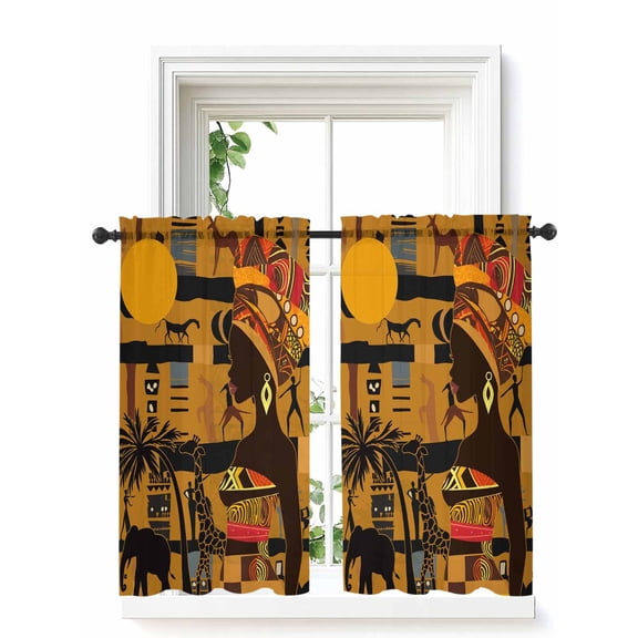 Black African Women Curtains 45 Inch Length,Sheer Curtains for Bedroom Living Room Window Boho Brown Elephant Giraffe Ethnic Rod Pocket Drapes Kitchen Curtains Small Half Window 42"x45" 2 Panels
