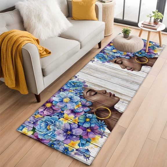 Black African Women Kitchen Runner Rug 2x6 Washable Runners for Hallway Non Slip Spring Floral Butterfly Retro Wooden Large Area Rug Indoor Floor Carpet for Bathroom Laundry Entryway Bedroom