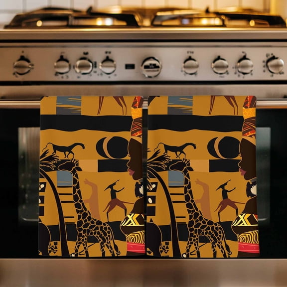 Black African Women Kitchen Towels Set of 3, Boho Brown Elephant Giraffe Ethnic Absorbent Dish Towels for Kitchen, Microfiber Hand Towel, Quick Drying Tea Towel for Cleaning Decorative Dishcloths