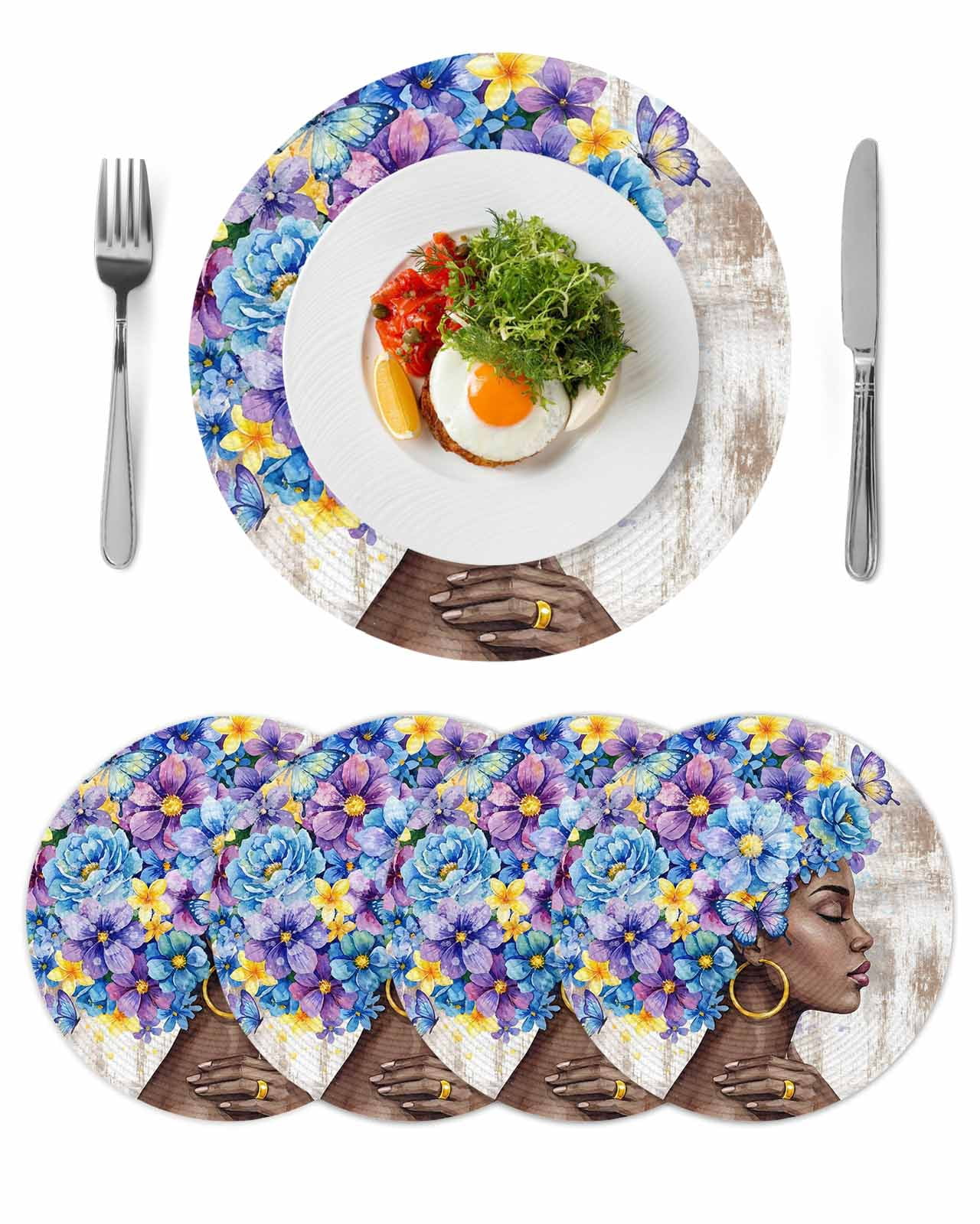 Black African Women Round 13 Inch Placemats Set of 4, Spring Floral ...