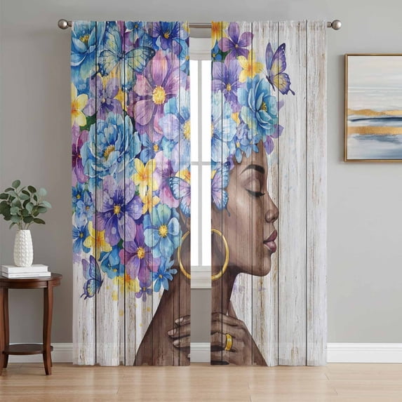 Black African Women Sheer Curtains 96 Inch Length 2 Panels for Living Room, Spring Floral Butterfly Retro Wooden Voile Kitchen Curtain Set, Luxury Privacy Drapes Window Treatment for Bedroom
