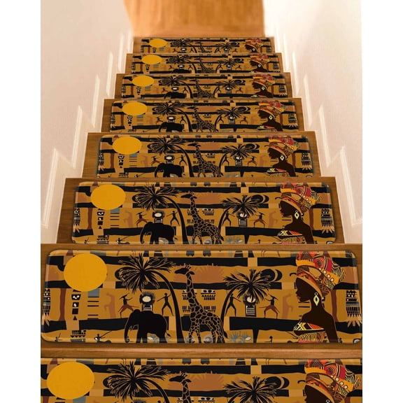 Black African Women Stair Treads for Wooden Steps Indoor Runner Rug Carpet, Boho Brown Elephant Giraffe Ethnic 4 Pieces Peel and Stick Staircase Step Treads Covers Washable Throw Door Mats, 30"x8"