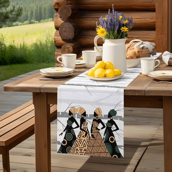 Black African Women Table Runner 13x48in Non-Slip Cotton Linen Table Runners, Boho Ethnic Style Forest Tree Dresser Scarves TableRunner for Dinner Kitchen Dining Wedding Party