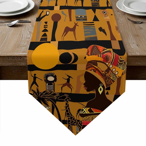 Black African Women Table Runner Linen Burlap Table Runner 48 Inches Long Boho Brown Elephant Giraffe Ethnic Dresser Scarves for Kitchen Island Coffee Dining Room Party Holiday Decoration 13"x48"