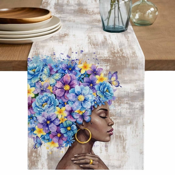 Black African Women Table Runner, Spring Floral Butterfly Vintage Washable Cotton Linen Table Runners 36 Inches Long, Dresser Scarf Runner for Nightstand/End Tables/Round Tables 13''x36''