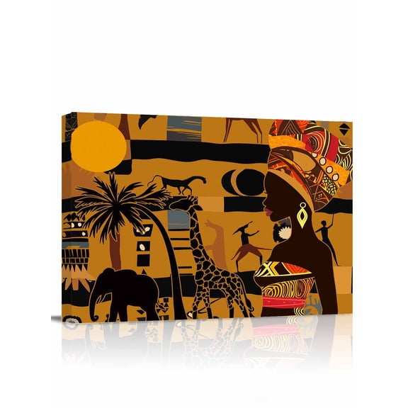 Black African Women Wall Art for Living Room,Canvas Picture Wall Decor for Bathroom Bedroom,Boho Brown Elephant Giraffe Ethnic Painting Artwork for Office Kitchen Hallway Dining Room Decor 12"x16"