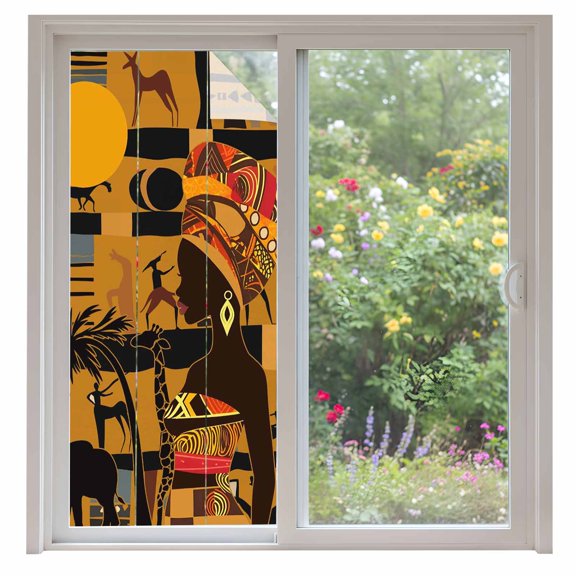 Black African Women Window Privacy Film, Boho Brown Elephant Giraffe Ethnic Static Cling UV Sun Blocking Heat Control Window Tint, Non-Adhesive One Way Windows Privacy Cover 35.4''x78.7''