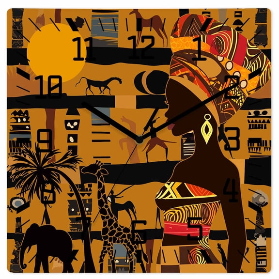 Black African Women Wooden Wall Clock Silent Non Ticking, Boho Brown Elephant Giraffe Ethnic Square Wall Clocks Battery Operated, Decor Clock for Home Office, Living Room, Kitchen, 12 Inch