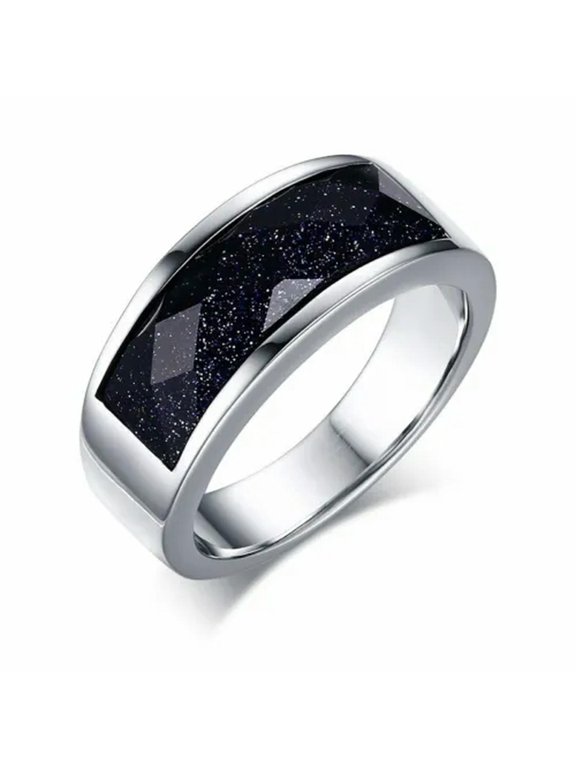 Black Agate/Blue Gravel 8MM Men Women's Band 316L Stainless Steel Ring Size 6-11