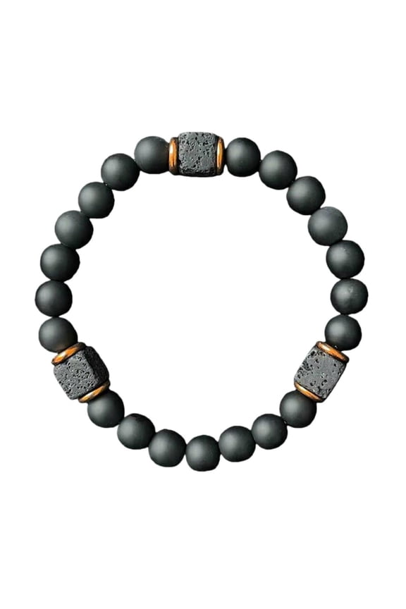 Black Agate Bracelet with Volcanic Stone, Natural Grounding and Protection Beaded Jewelry for Men, 7.28 Inch Length, Gold Tone Accents
