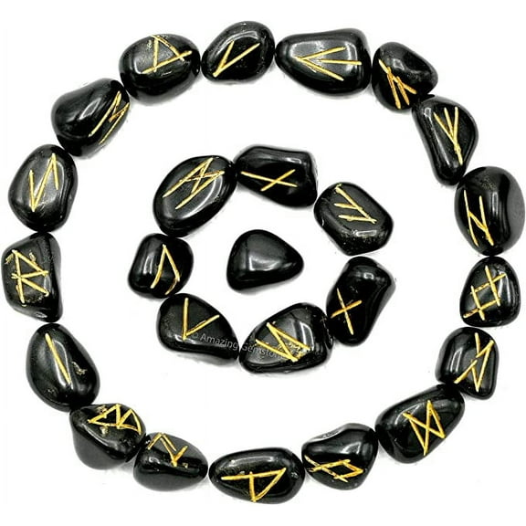 Black Agate Crystal Runes Stone Set Elder Futhark