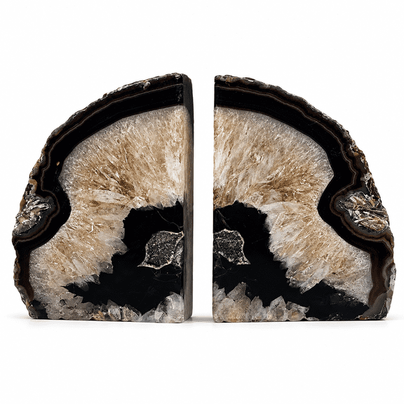 Black Agate Geode Decorative Bookends, 1 Pair 2-3 Lbs Crystal Stone Shelf Holders
