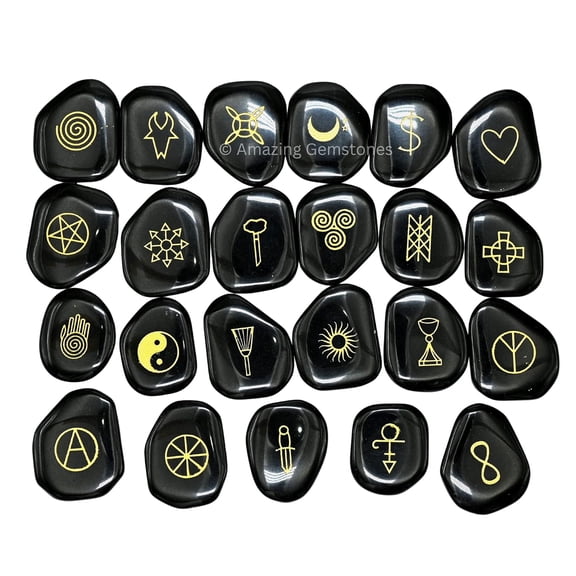 Black Agate Pagan Wiccan Engraved Stones Set of 23 - Magic Wiccan Symbols