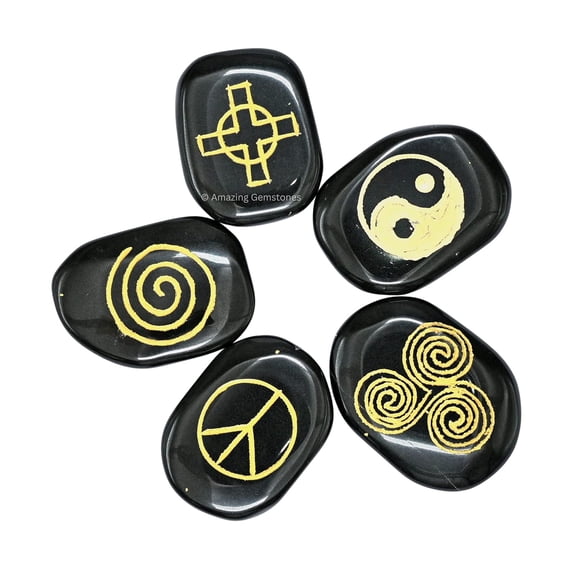 Black Agate Pagan Wiccan Engraved Stones Set of 5 - Yin Yang, Solar Croass, Spirituality, Triple Spiral and Peace