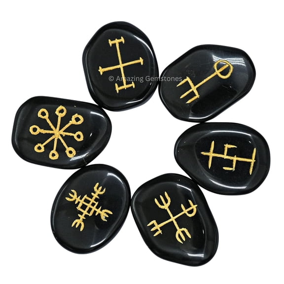 Black Agate Pagan Wiccan Nordic Viking Runes Stones Set of 6 - Runes Set