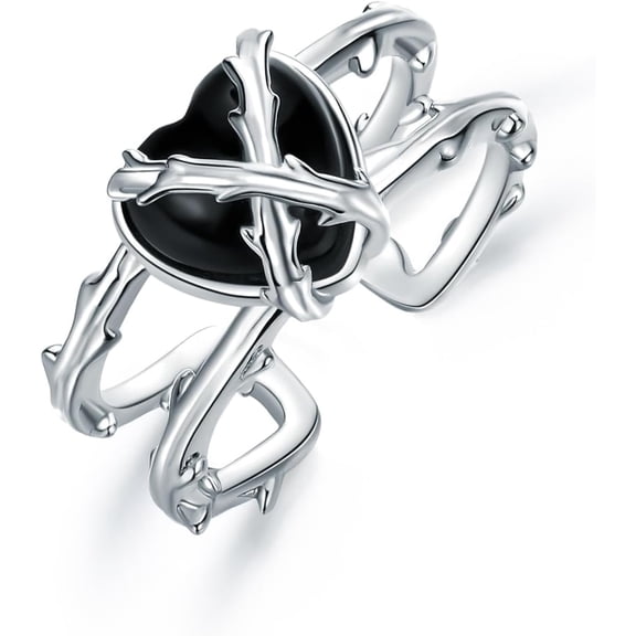 Black Agate Rings 925 Sterling Silver Heart Thorns Rings Adjustable Open Rings Tree Branch Thorn Jewelry for Men Women Lover