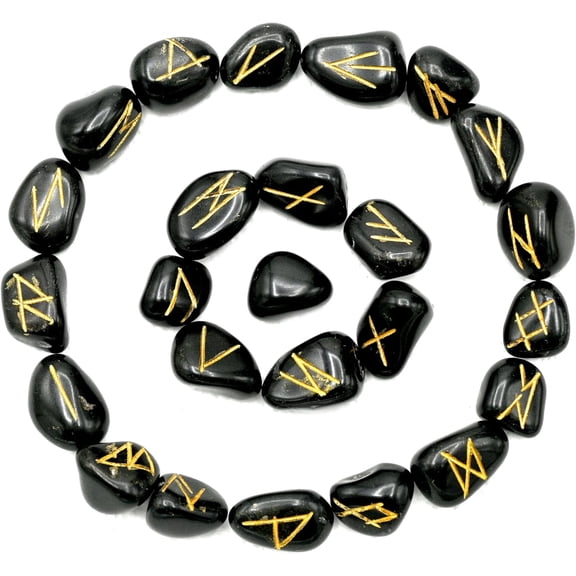 Black Agate Runes Set of 25 Engraved Rune Stones