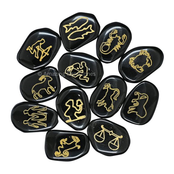 Black Agate Zodiac Sign Set of 12 - Zodiac Crystal Set