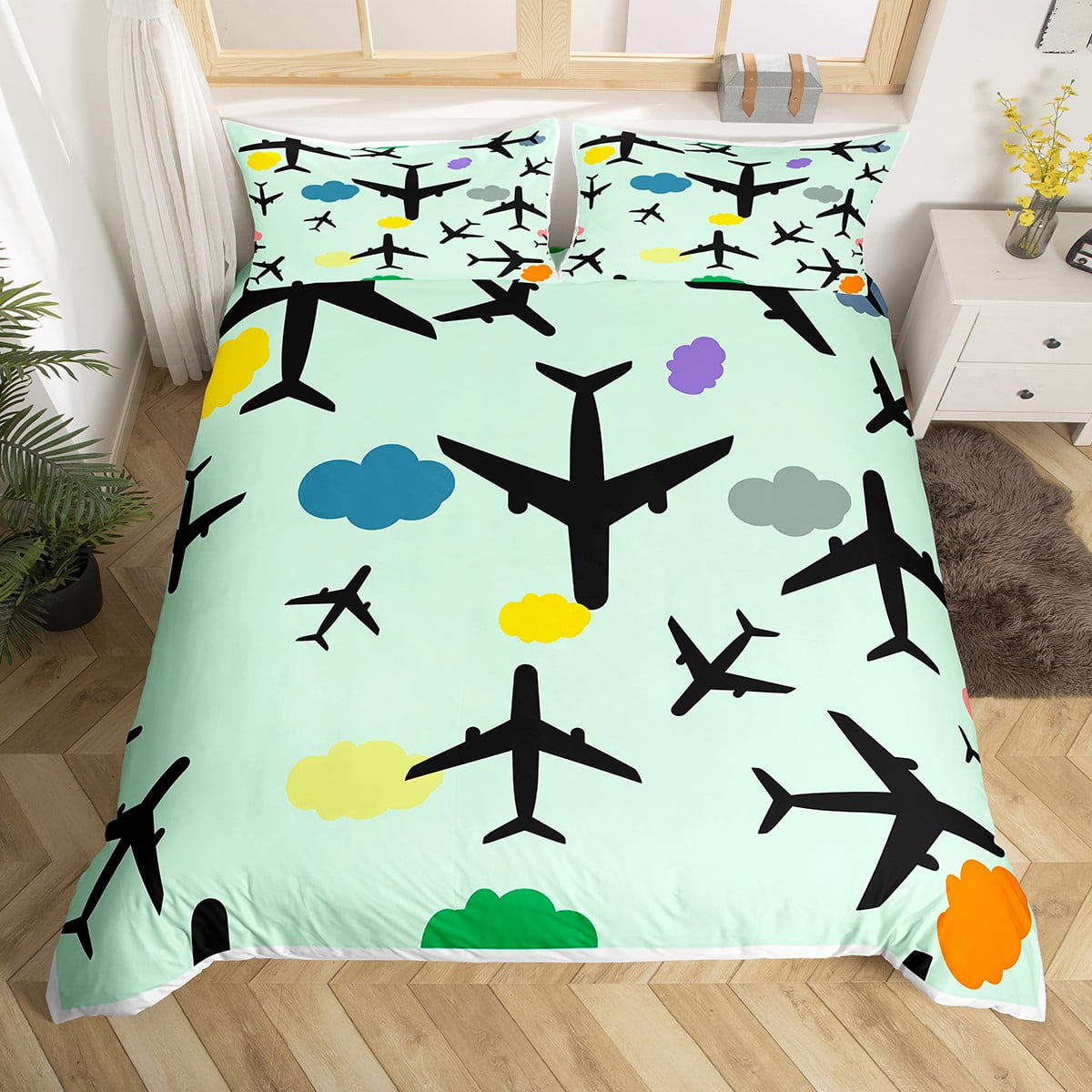 Black Airplane Bedding Set Aircraft Silhouette Duvet Cover Queen