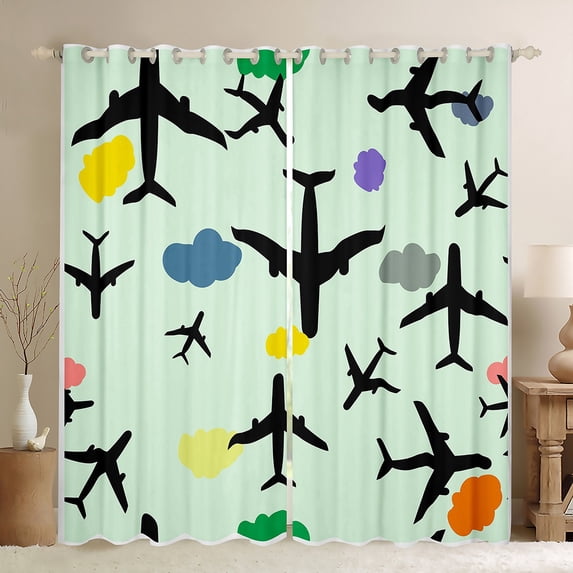 Black Airplane Curtains Aircraft Silhouette Blackout Curtains for Bedroom,Aeroplane Dark Shadows Curtains & Drapes Airliner Fighter Plane Rainbow Clouds Kawaii Room Decor