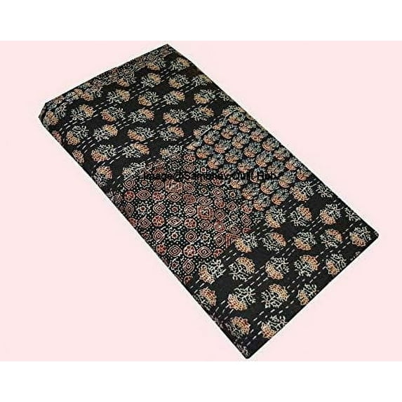 Black Ajrakh Hippie Queen Kantha Quilt Handmade Bohemain Bedspread King Size Vegetable Dye Kantha Blanket Bedcover Boho Quilting Indigo Print Ajrakh Cotton Kantha Quilt