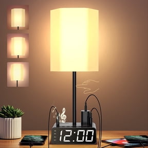 Black Alarm Clock Table Lamp, 3-way Dimmable Bedside Lamp with USB Port, Speaker and Radio - Touch Control, Suitable for Study Room, Bedroom