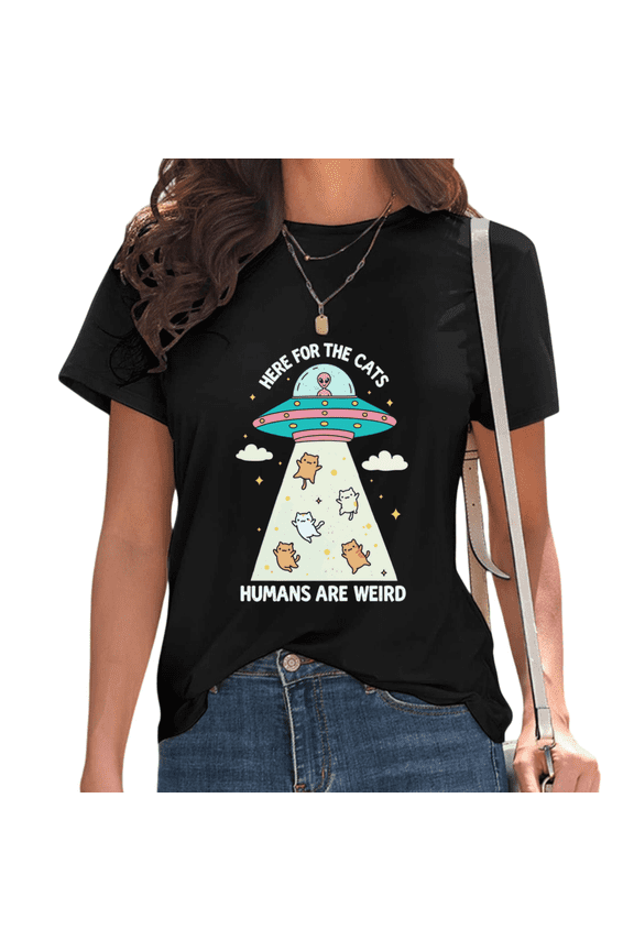 Black Alien UFO Here for the Cats Humans Are Weird Print Tshirt Graphic Tees Shirts Funny Cat Lover Sci Fi Tops S-5XL