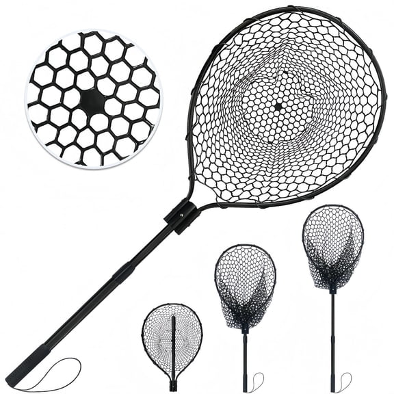 Black All Metal Telescoping Rubber Fishing Net, Large Hoop for Pier Kayak Saltwater Fishing
