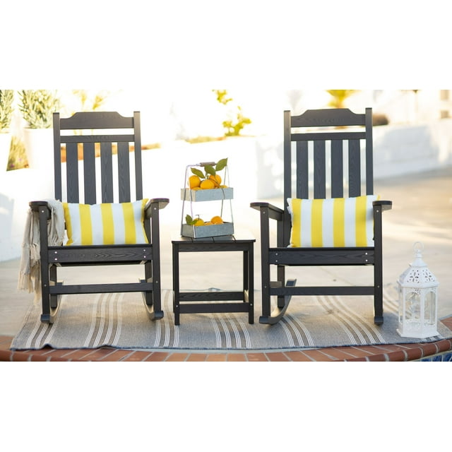 Black All Weather Indoor-Outdoor Two Rocking Chairs and Side Table (3Pc SET)