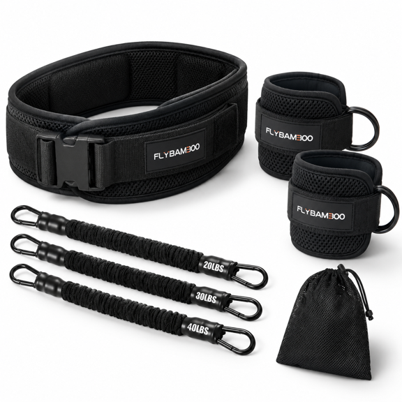 Black All-in-One Glute Leg Workout Kit with Thrust Belt Ankle Straps and Resistance Bands